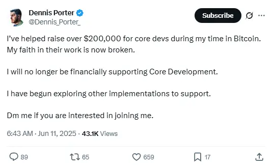 Satoshi Action Fund 联创：将不再为比特币核心开发提供资金支持