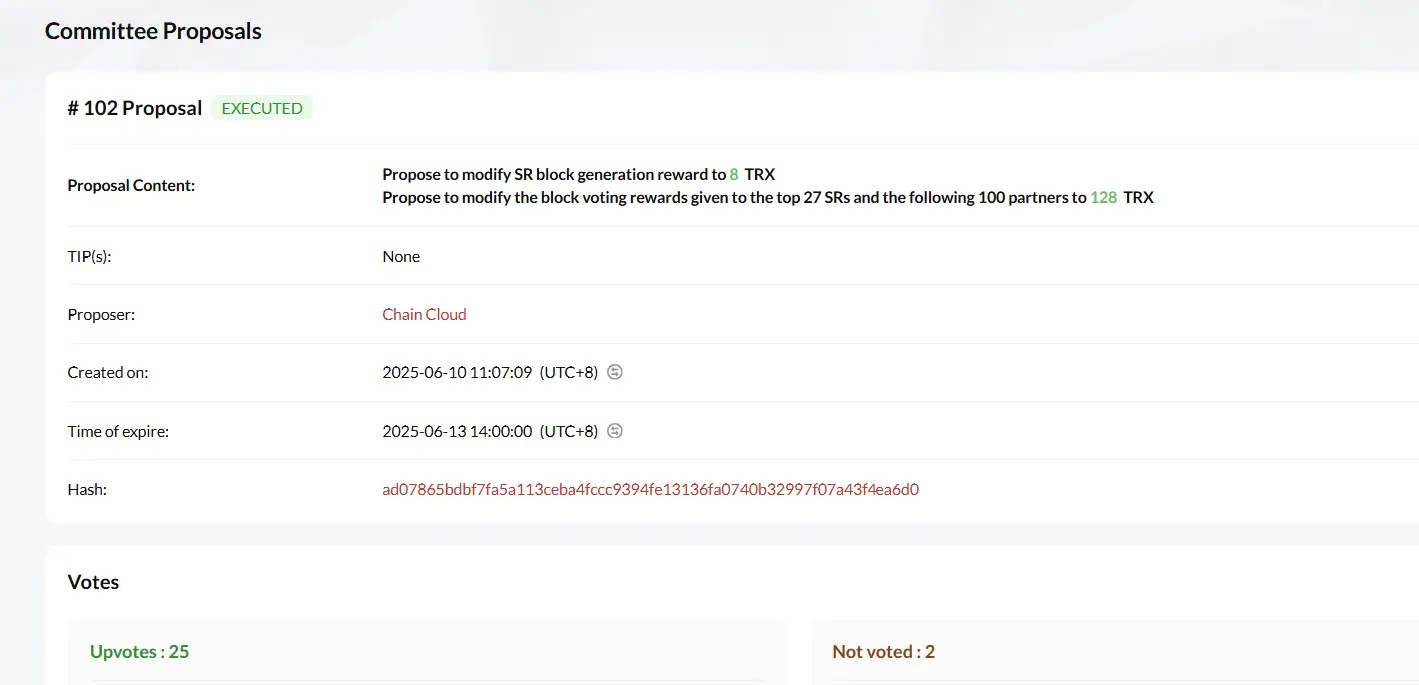 TRON 主网 TRX 减产提案获高票通过：出块奖励下调 50%，投票奖励下调 20%