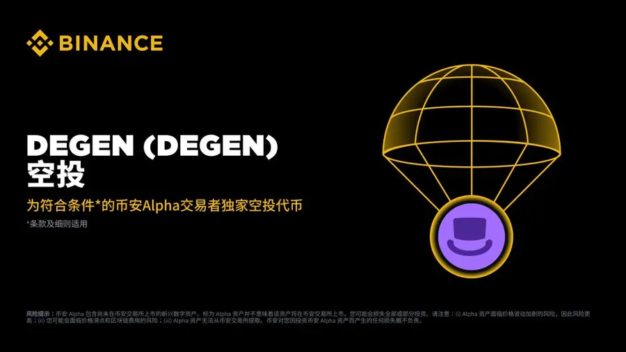 Binance Alpha 上線 Degen（DEGEN），滿足 245 積分可申領 13,862 枚 DEGEN 代幣空投
