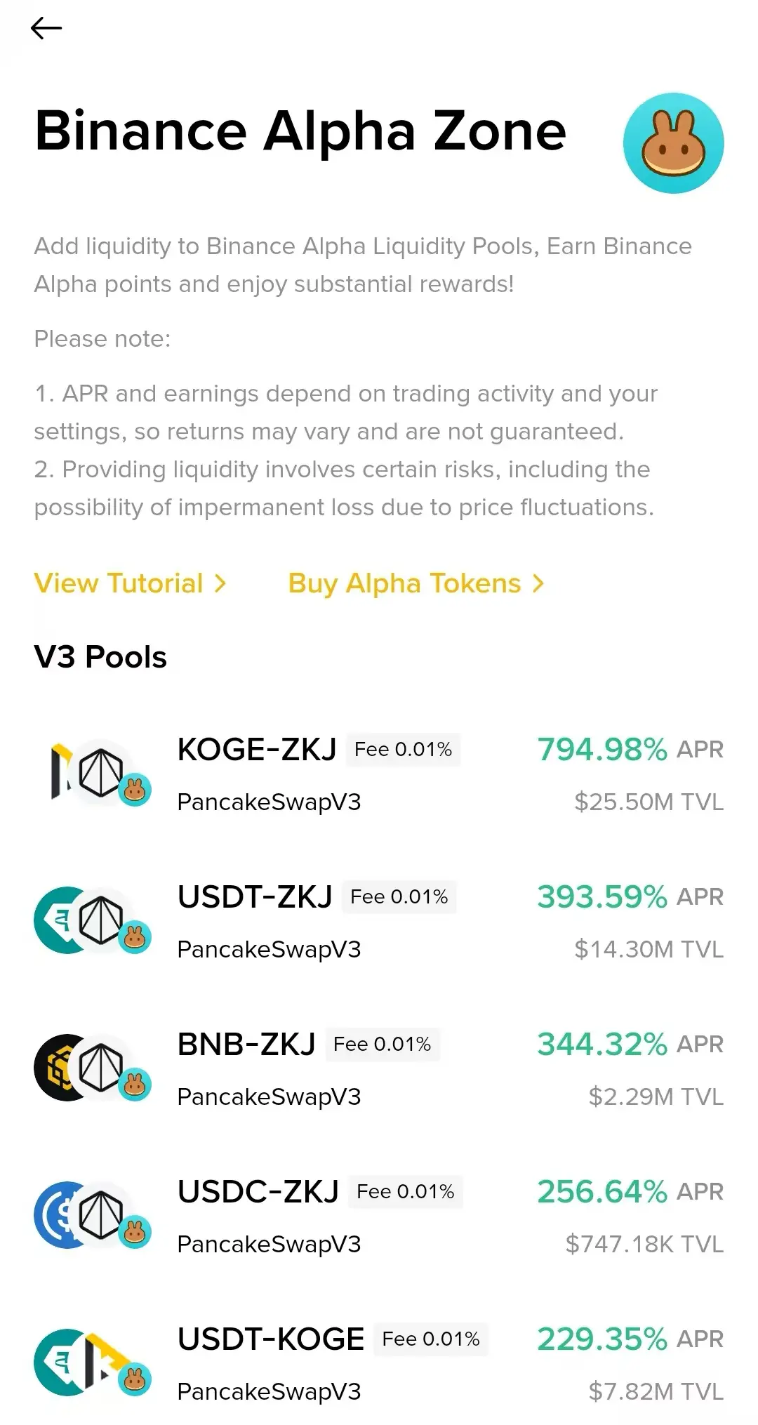 数据：Binance Alpha 流动性池中 KOGE-ZKJ 交易对 APR 暂报 794.98%