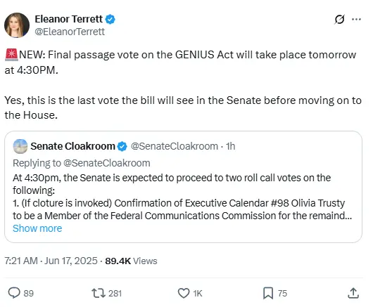 美国参议院将于明日凌晨 4:30 对《GENIUS 法案》进行最终表决