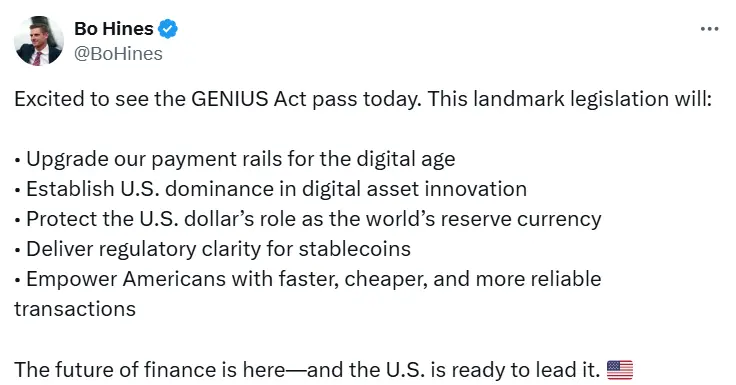 白宫数字资产政策顾问：希望看到《GENIUS 稳定币法案》最终通过