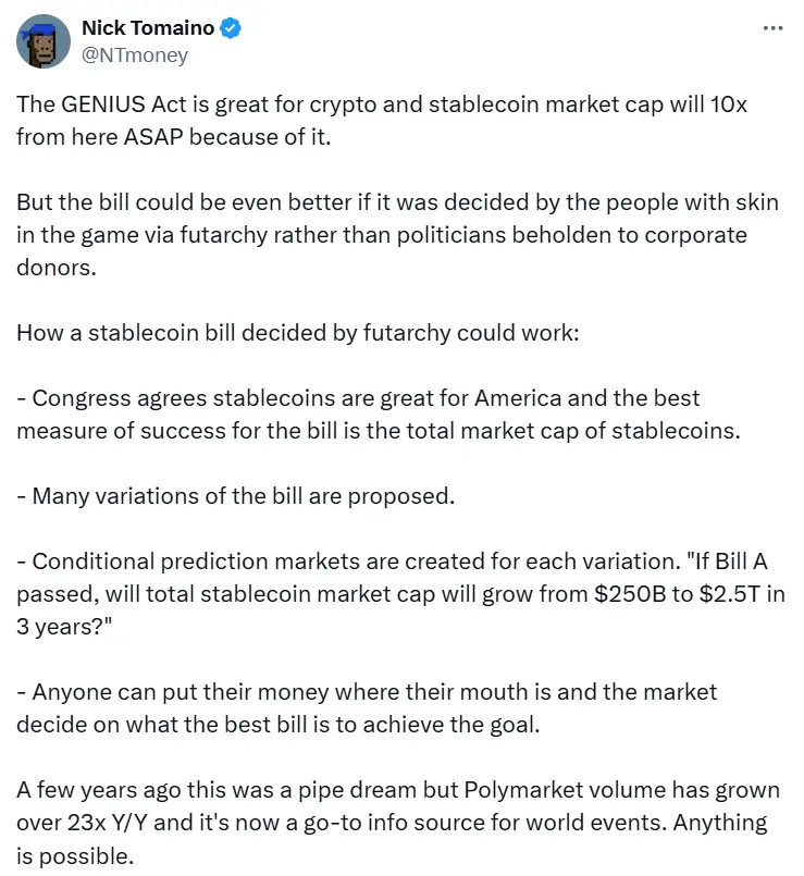 1confirmation 创始人：稳定币市值将因 GENIUS 法案获批增长 10 倍