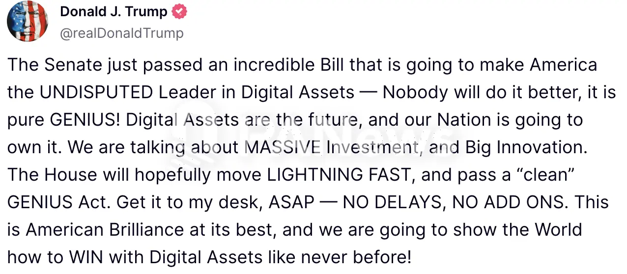 特朗普：美国将成数字资产无可争议的领导者