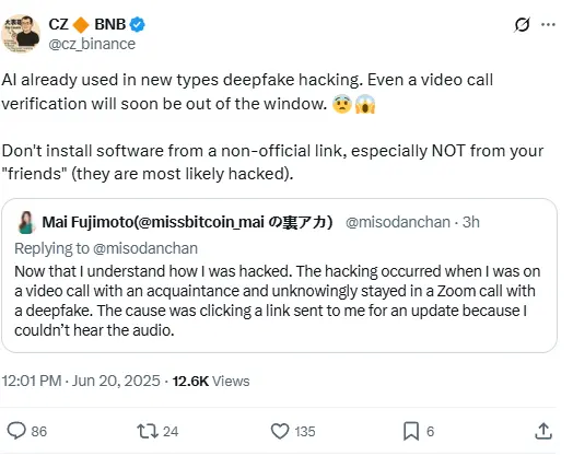 Zhao Changpeng: AI deepfake has threatened the security of video verification