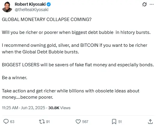 《富爸爸穷爸爸》作者 Robert Kiyosaki 再次发文呼吁持有比特币