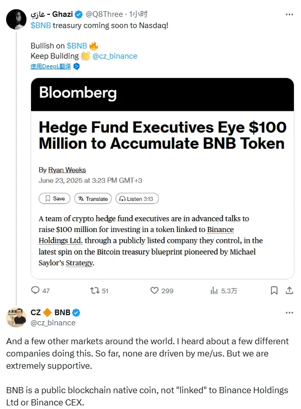 Zhao Changpeng: Other companies also plan to reserve BNB vaults, not driven by Binance