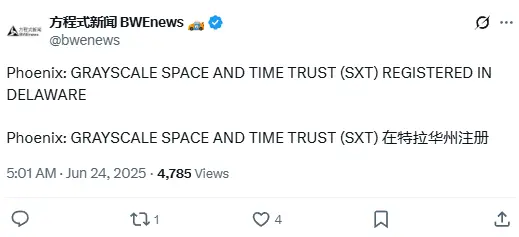 灰度 Space and Time（SXT）信托在特拉华州注册