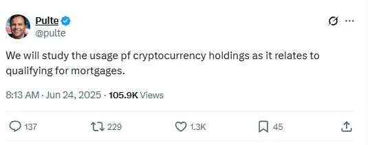 美国联邦住房金融局局长：将研究加密货币持有量在抵押贷款资格审核上的适用性