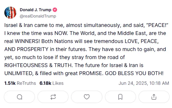 トランプ：イスラエルとイランが自ら和解を求めており、両国は繁栄の新時代を迎えるだろう。