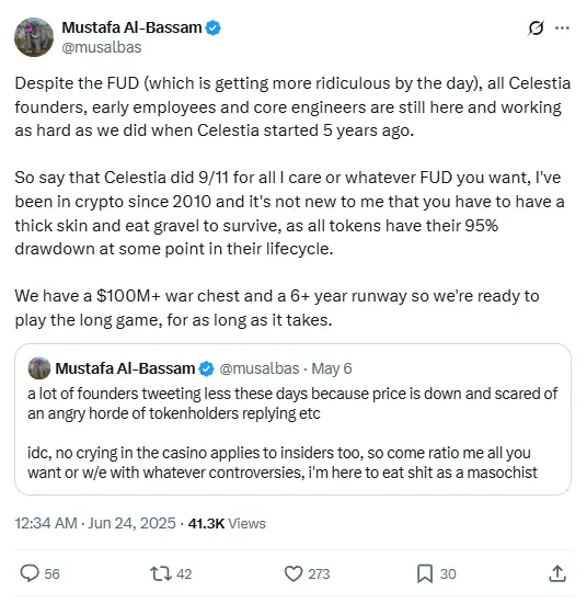 Celestia 공동 창립자가 FUD에 응답: 1억 달러 이상의 자금 준비가 있어 6년 이상 운영할 수 있다