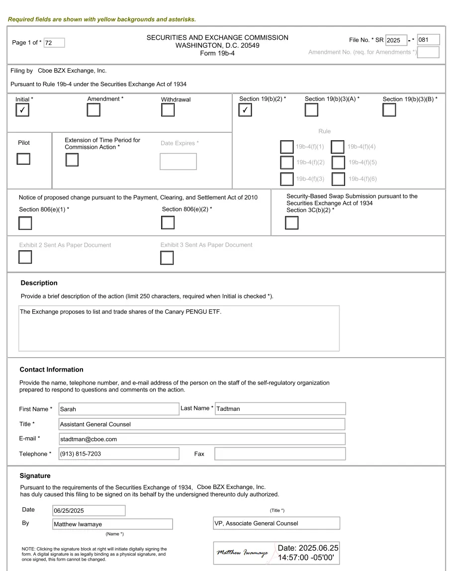 Cboe 已为 Canary PENGU ETF 向美 SEC 提交 19b-4 申请文件
