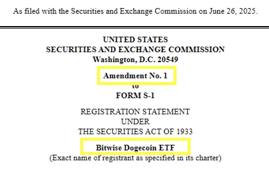 Bitwise 向美 SEC 提交现货 DOGE 和 Aptos ETF 修订后的 S-1 表格