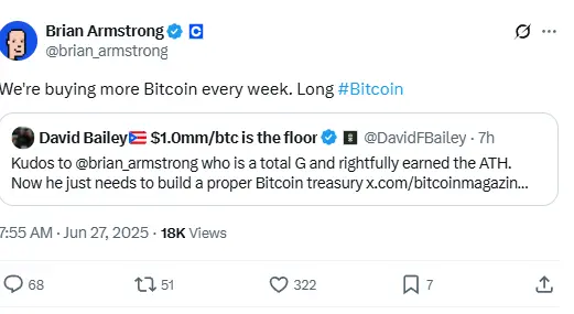 CoinbaseのCEO：会社は毎週さらに多くのビットコインを購入しています。