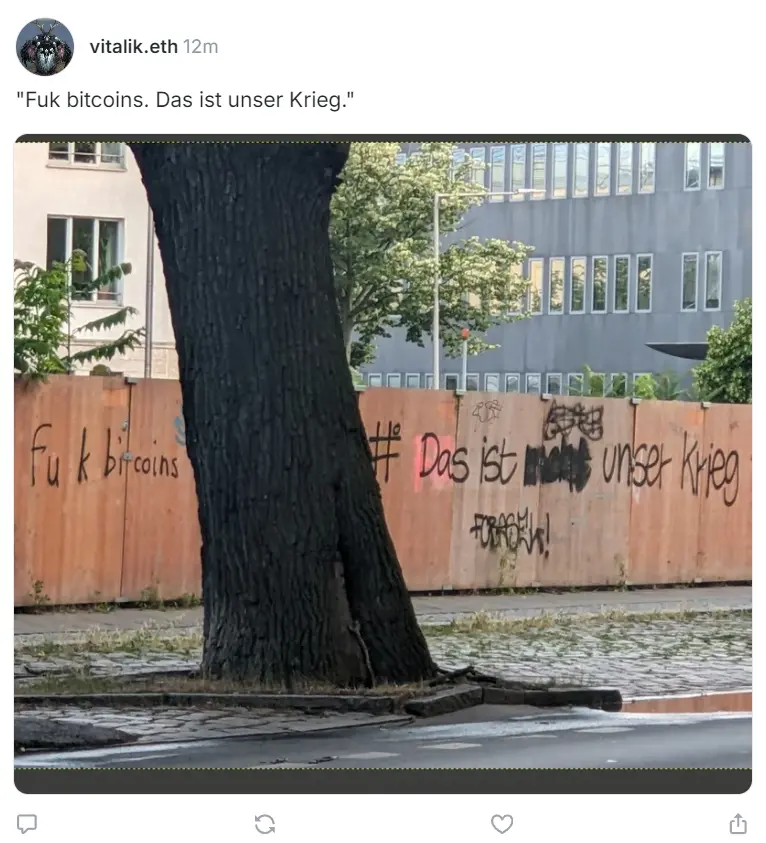 Vitalik posted a street graffiti image with the caption: "Damn Bitcoin, this is our war."