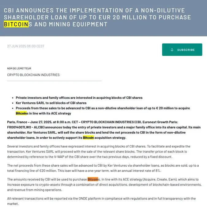 上市公司 Crypto Blockchain 將實施最高 2000 萬歐元貸款，用於購買比特幣和採礦設備