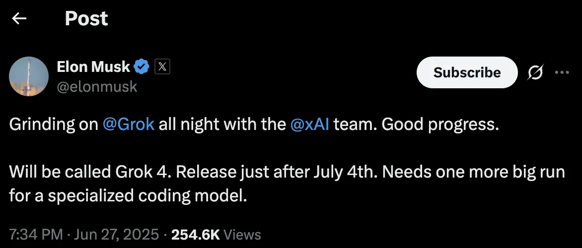 머스크: 그록 4는 7월 4일 이후 곧 출시될 예정이다