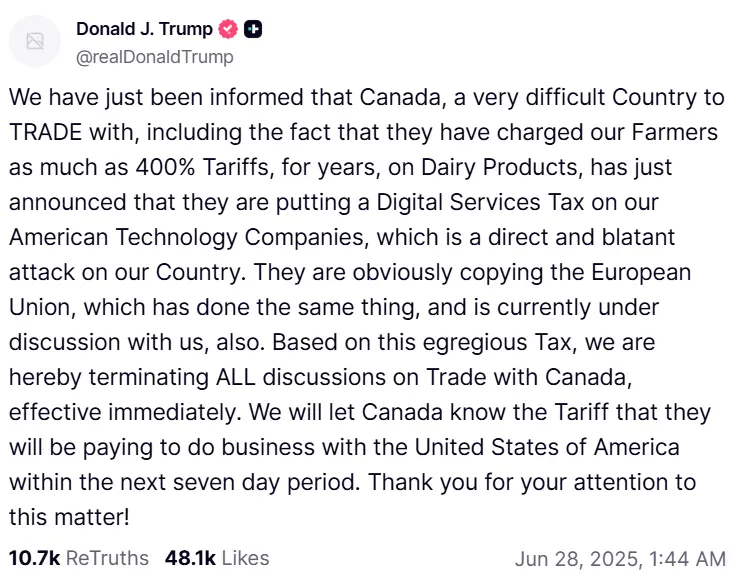 トランプはカナダのデジタルサービス税のためにカナダとの貿易交渉を中止した。