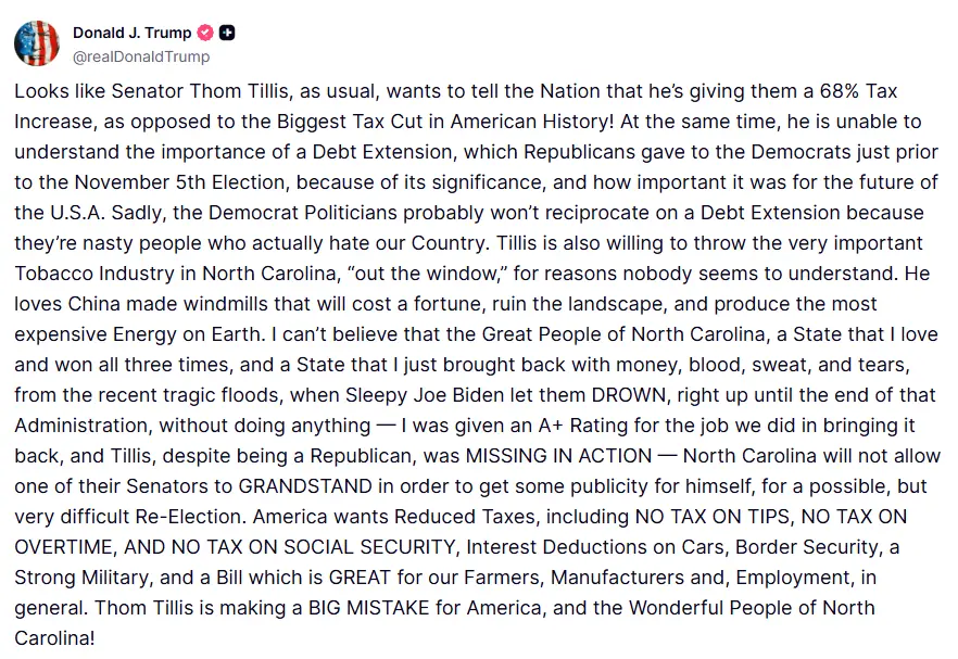 Republican Senator Tillis refuses to advance the tax reform bill, and Trump angrily criticizes him for making a big mistake