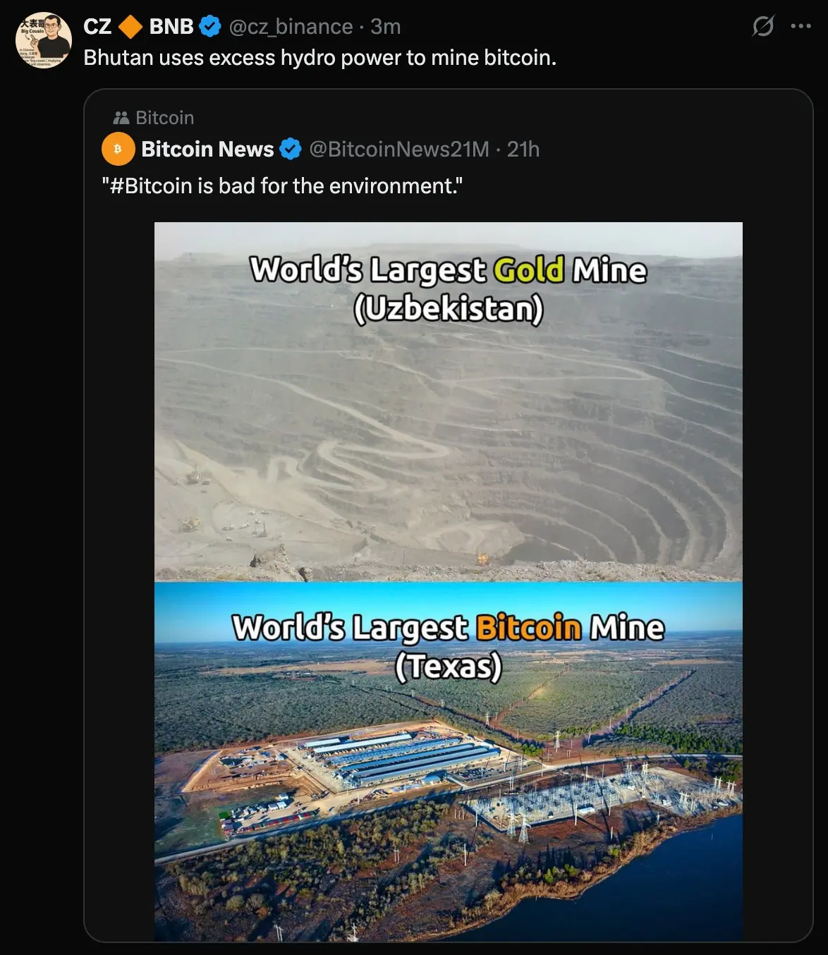 Zhao Changpeng: Bhutan is utilizing excess hydropower resources for Bitcoin mining