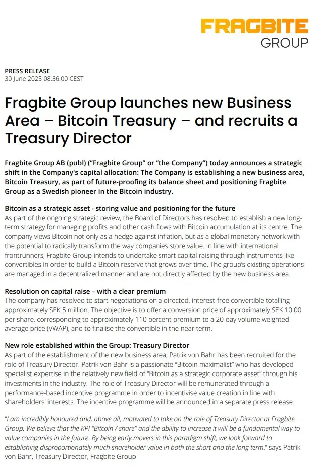 瑞典上市公司 Fragbite Group 拟建立比特币财库