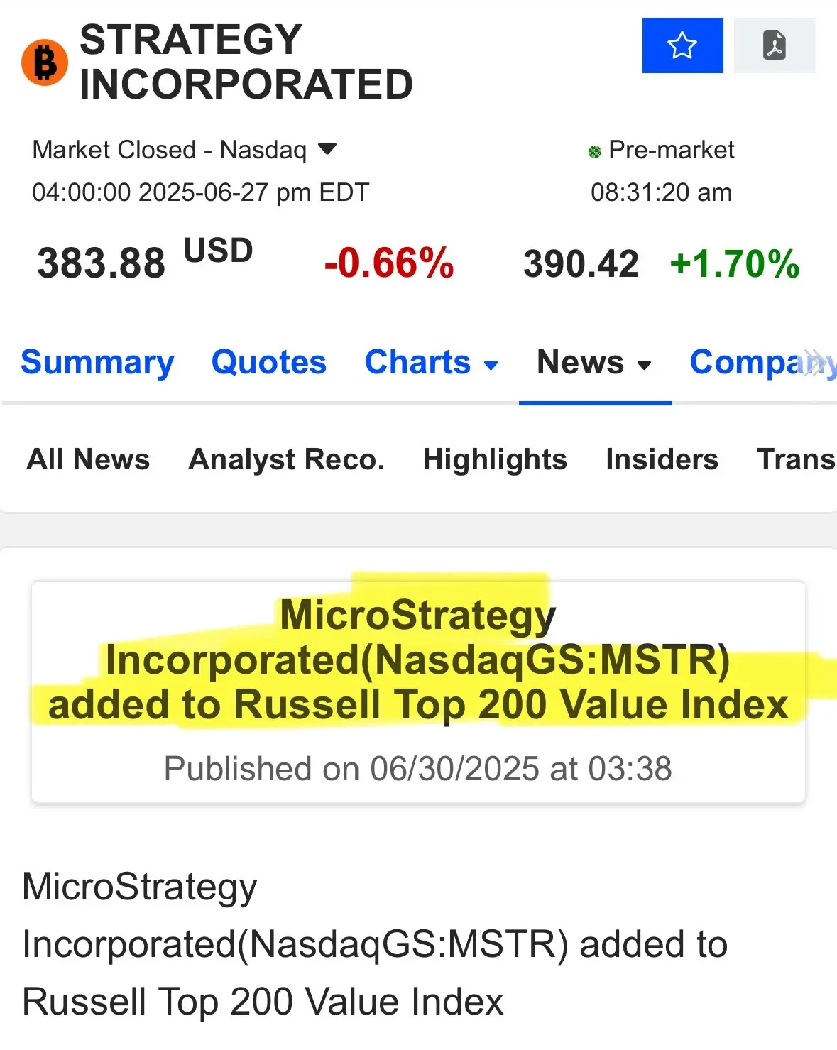 Strategy가 러셀 200 강 가치 지수에 포함되었습니다