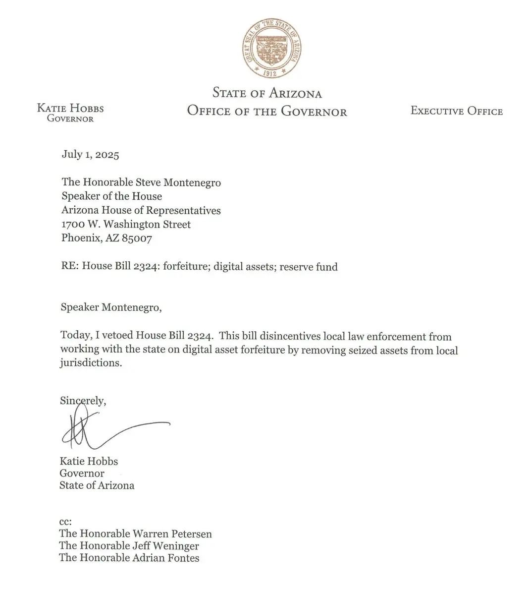 아리조나 주지사가 "비트코인 준비금" 법안 HB2324를 거부했다