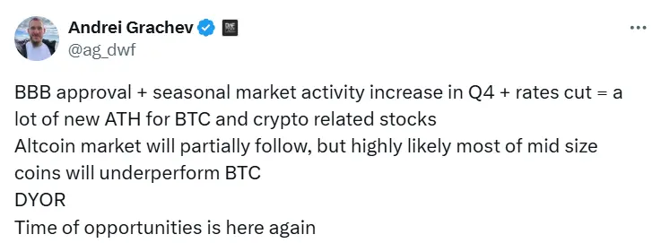 DWF Labs 合伙人：BTC 与加密相关股票或将创新高，部分山寨币可能跟涨