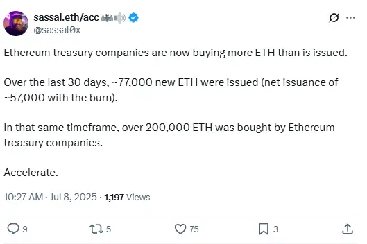 The Daily Gwei 창립자: 이더리움을 금고 자산으로 보유하고 있는 회사의 현재 구매량은 같은 기간에 새로 발행된 ETH 수량을 초과했습니다