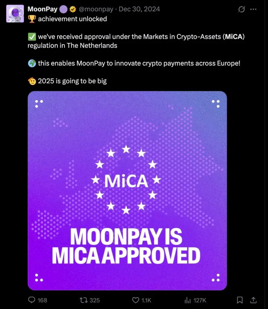 MoonPayはオランダのMiCAコンプライアンス承認を取得