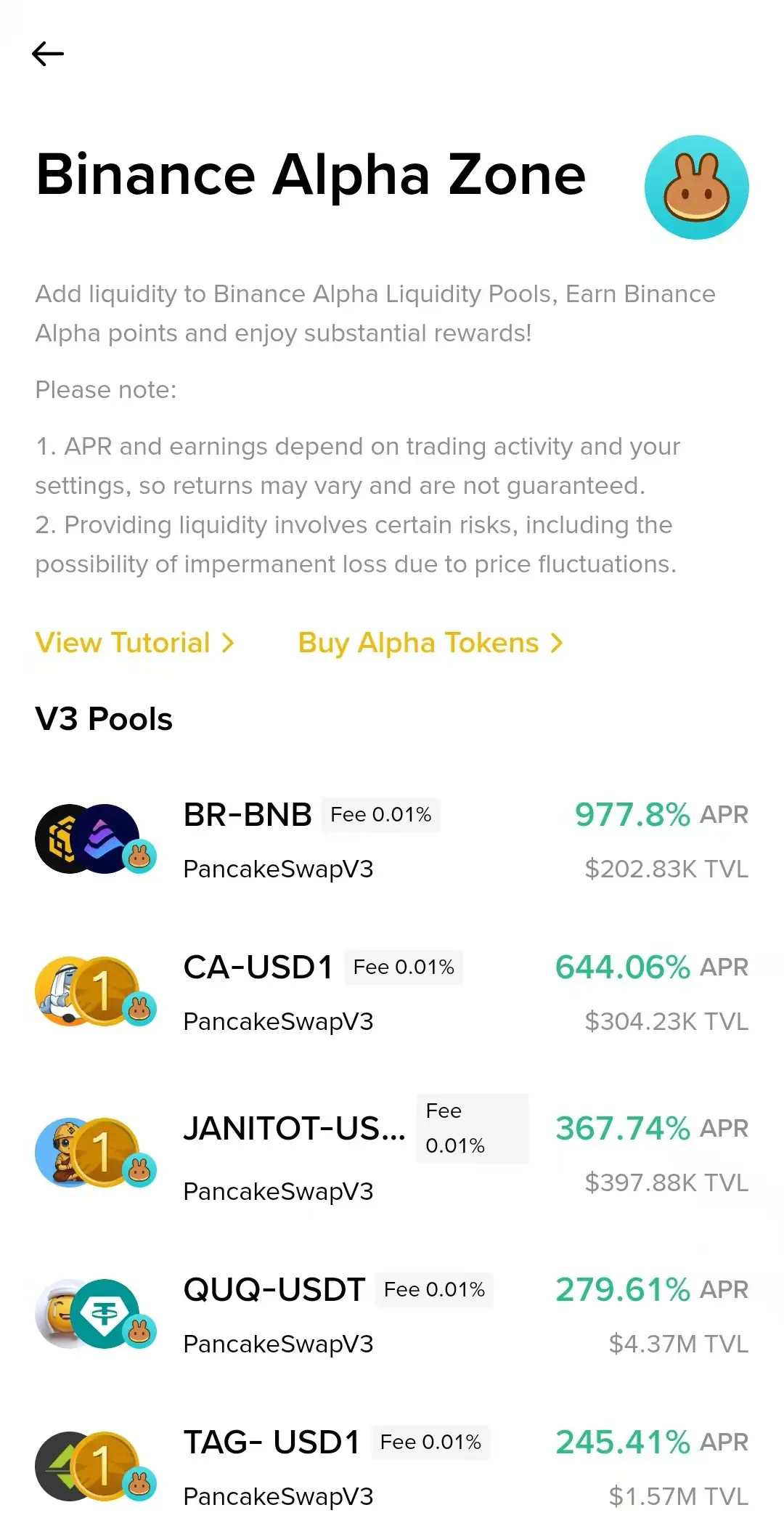 数据：Binance Alpha 流动性池中 BR-BNB 交易对 APR 暂报 977.8%