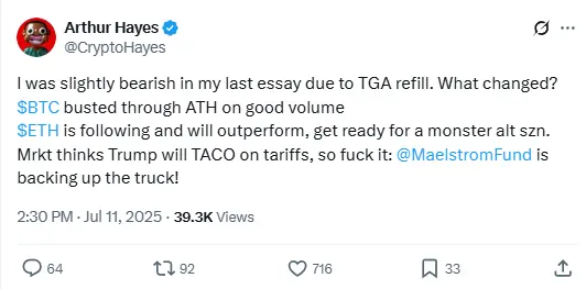 Arthur Hayes：市场情绪已转变，山寨币季即将到来