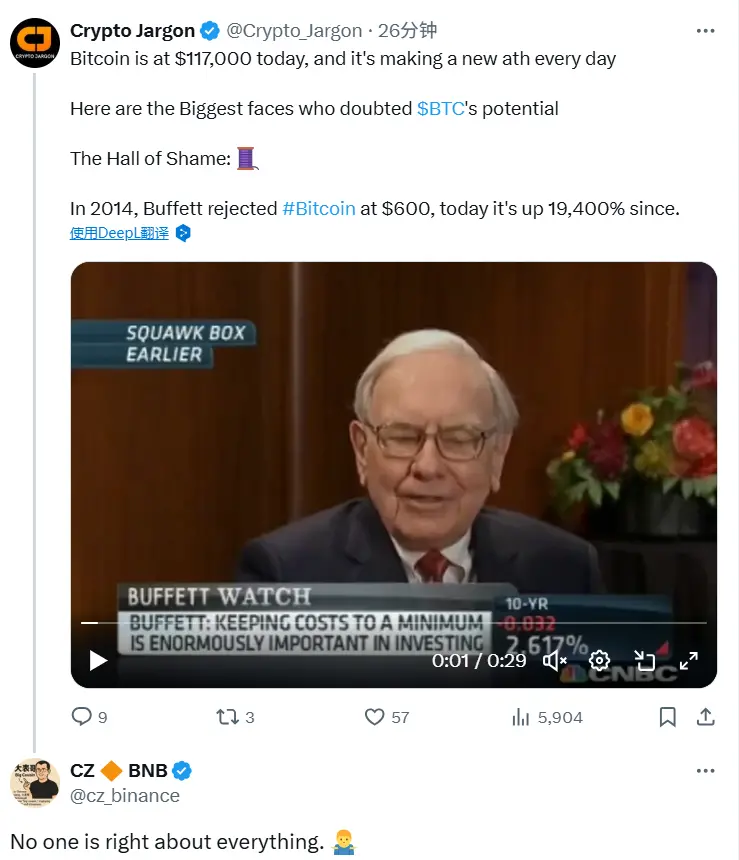 Zhao Changpeng on Buffett's refusal to invest in BTC: No one can make the right judgment on everything