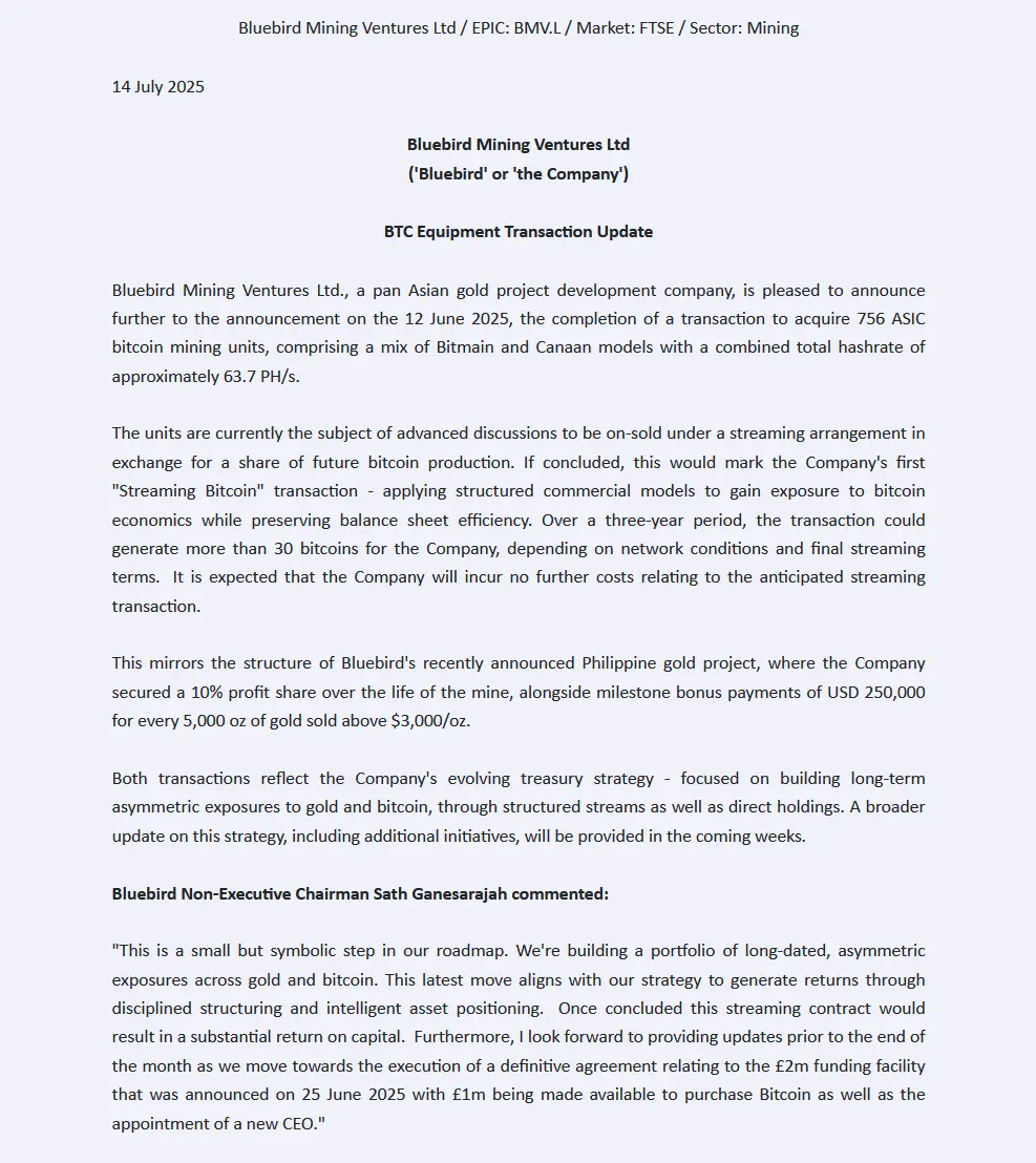 英国上市金矿勘探公司 Bluebird Mining 收购 756 台 ASIC 矿机用于比特币挖矿业务