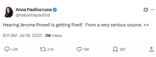 U.S. Congressman reveals that Federal Reserve Chairman Powell is about to be dismissed