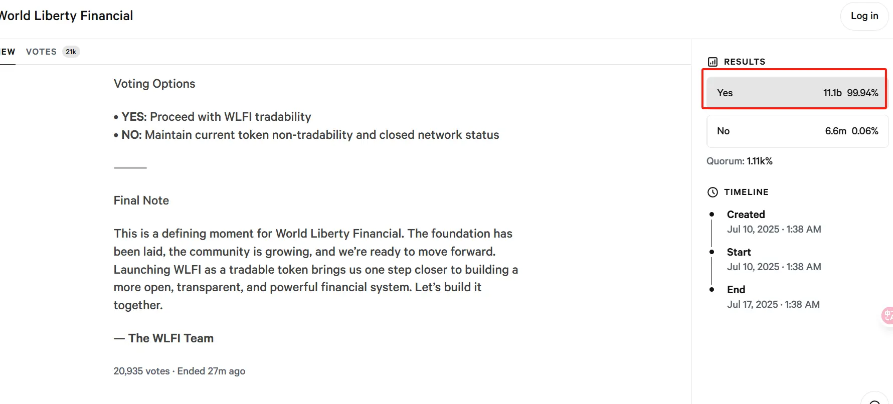 World Liberty Financial 社区投票通过 WLFI 代币开放交易提案