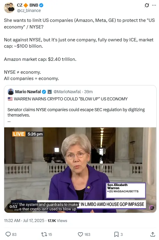 赵长鹏反驳沃伦参议员关于加密货币威胁美国经济的言论