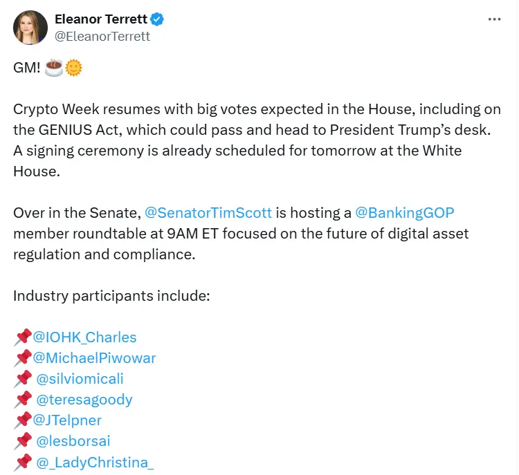 エレノア・テレット：GENIUS法案が通過し、トランプに署名される見込み