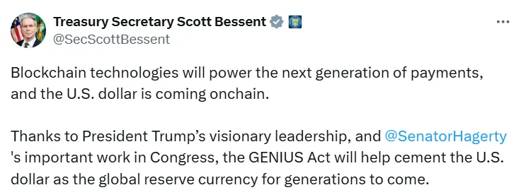 貝森特：美元正加速上鏈，區塊鏈將重塑支付體系