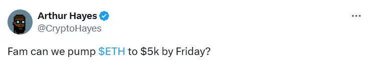 Arthur Hayes는 ETH를 5000달러로 올리기 위한 촉구를 하고 있습니다