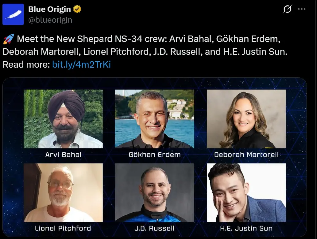 孙宇晨은 블루 오리진 우주선을 타고 우주 비행을 완료하여 역사상 가장 젊은 화교 우주비행사가 된다