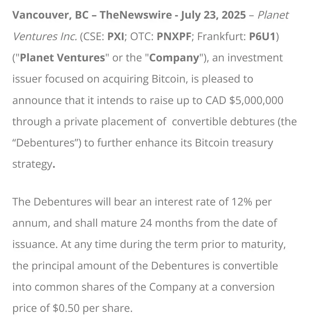 Planet Ventures 拟通过可转债融资 500 万加元增持 BTC