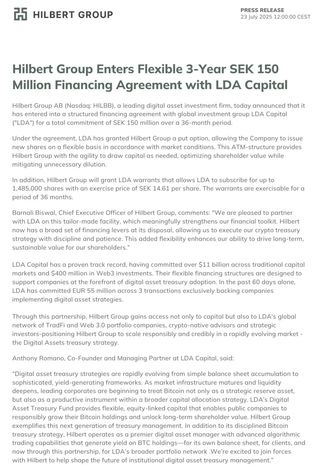 瑞典上市公司 Hilbert Group 獲得約 1580 萬美元融資，支持比特幣儲備策略