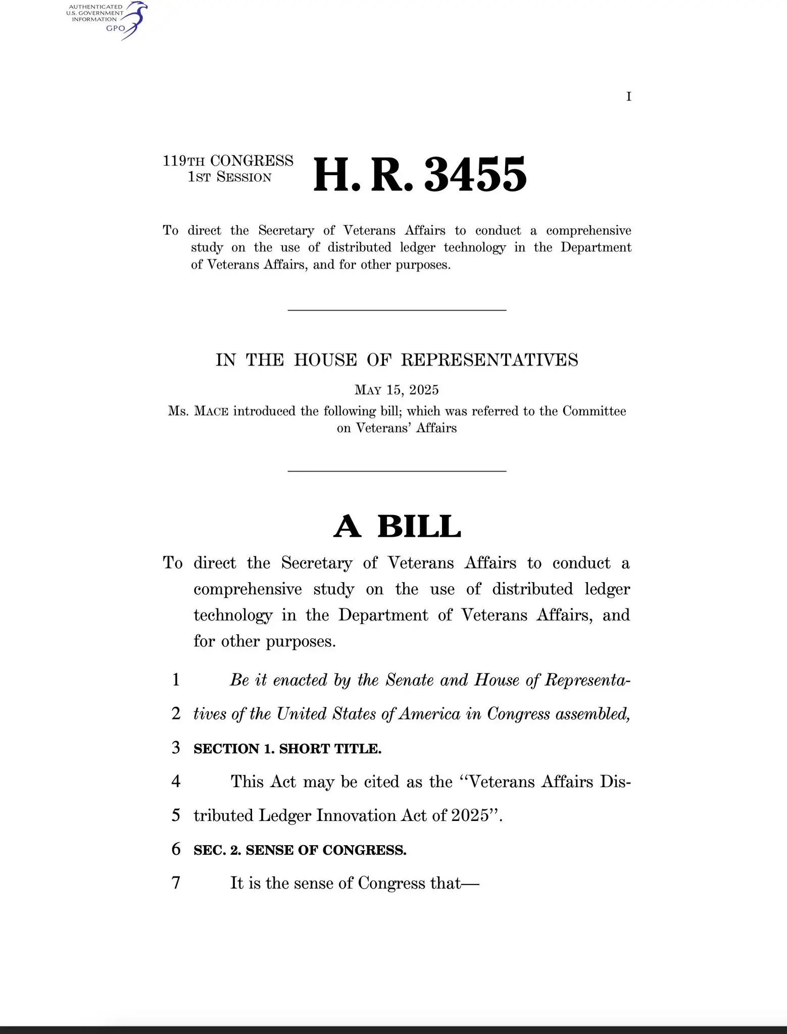 A proposal in the U.S. Congress aims to assess the potential applications of blockchain in the Department of Veterans Affairs