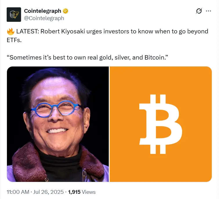 《富爸爸穷爸爸》作者 Robert Kiyosaki ：有时候，黄金、白银和比特币才是最佳选择