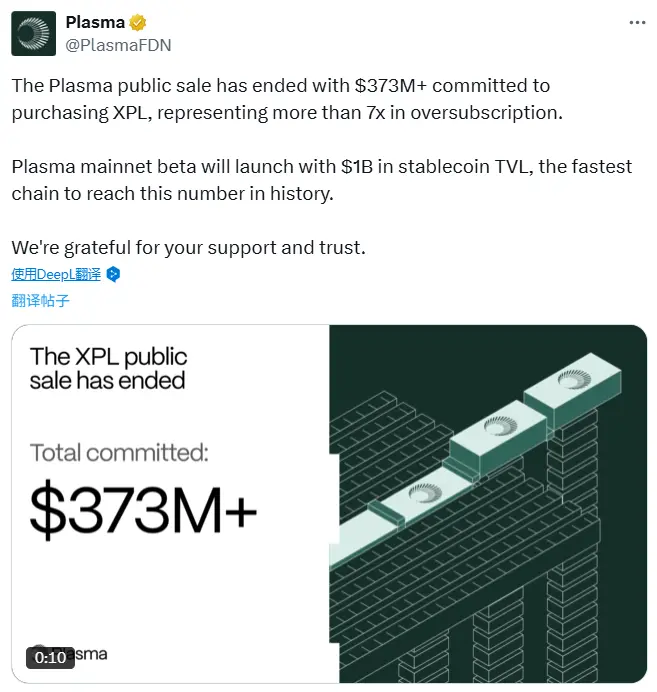 Plasma: The public offering has ended, raising over $373 million with a 7 times oversubscription