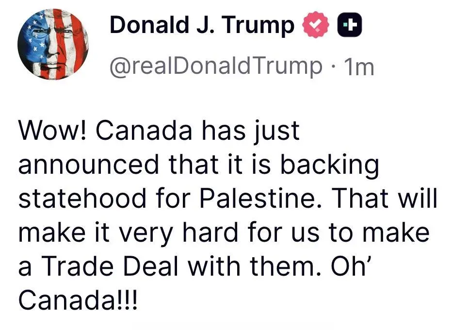 Trump: Canada's support for Palestinian statehood may affect US-Canada trade negotiations