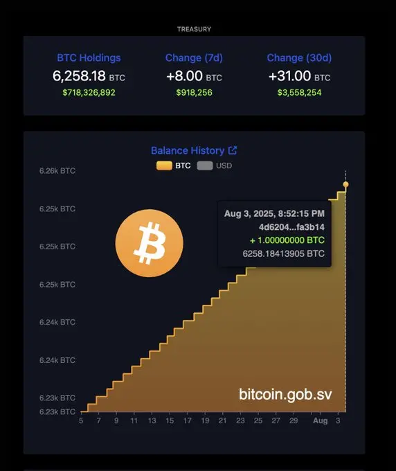数据：萨尔瓦多比特币持有量升至 6258.18 枚，价值约 7.18 亿美元