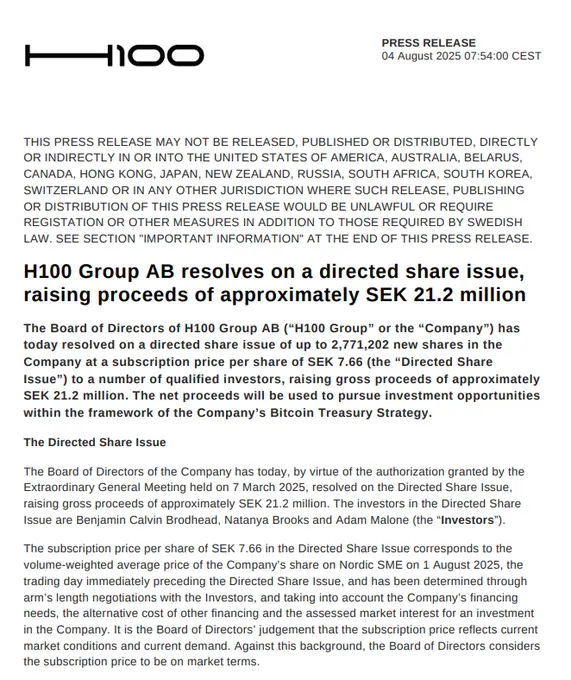 瑞典上市公司 H100 Group 筹集约 220 万美元用于增持比特币