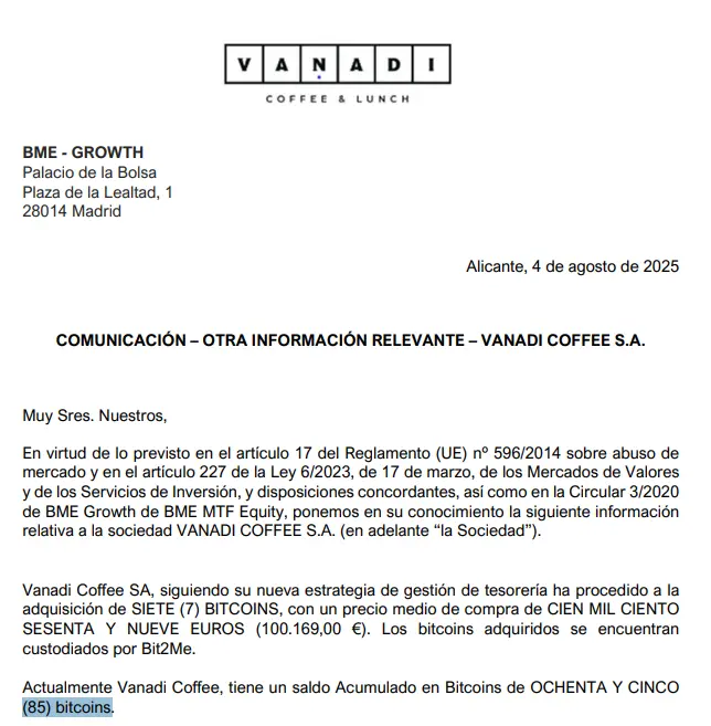Spanish coffee chain Vanadi Coffee increases its holdings by 7 BTC, bringing its total to 85 BTC